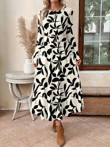 EMERY ROSE Vestido largo elegante de mujer con estampado de hojas en blanco y negro, adecuado para citas, salidas y viajes al trabajo - Multicolor - Ver 3