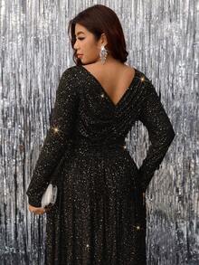 Ellevyn Vestido de manga larga con cuello de corazón, cintura ceñida y bajo con abertura brillante, talla grande - Dorado - Ver 3
