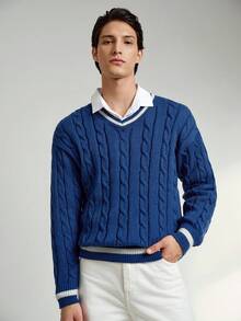 RONVEXI Men's Casual Collegiate Cable Knit Patchwork Striped Hem Sweater, Autumn/Winter Men Sweater Top Knit Wear Men Blue Clothes Men Knit Jersey Blue Sweater - Blue - View 5