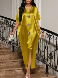 SHEIN Lady Feestjurken Vier seizoenen/bruiloftsgasten/kleding/galajurk/goud/dineroutfit/gouden satijnen jacquardjurk met voorsplit voor dames, casual, elegant voor feestjes