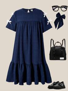 SHEIN Casuvi Kids 女童宽松A字连衣裙，梭织纹理雪纺面料，舒适休闲，蝴蝶结装饰，美式学院风，适合春夏日常穿着 - 藏蓝色 - 查看 7