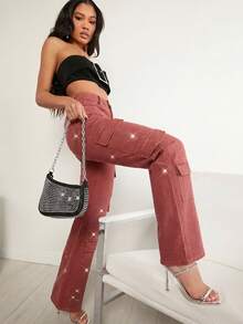 Denimoi 秋冬季女装，女士中腰黑色水钻装饰多口袋直筒休闲工装牛仔裤。适合日常穿着、外出、音乐会、节日、派对、夜店、圣诞节等场合。 - 紅色 - 查看 6