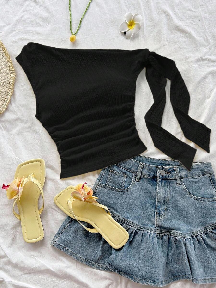 Soleia Vacation Sexy Asymmetrical Shoulder Tie Strap Flowy Fitted Light Yellow Women's Top, Suitable For Party, Vacation, Music Festival, Bohemian, Holiday Date, Afternoon Tea,Black Top Off Shoulder Crop Top Crop Tops Summer One Shoulder Tops - Black - View 1