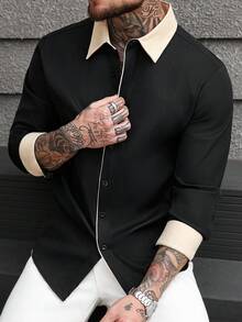 Manfinity CasualCool 男士休闲商务衬衫，撞色拼接领口和前襟纽扣 - 彩色 - 查看 3