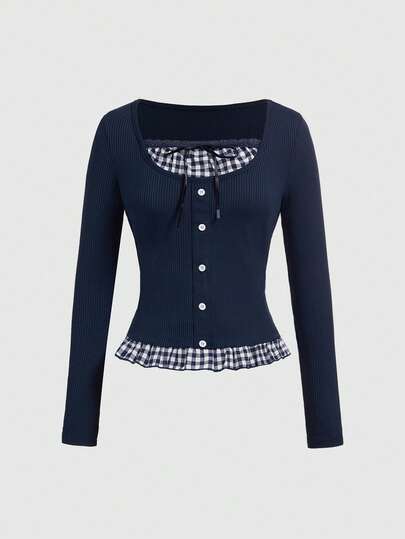 Kawaii Camiseta de mujer de manga larga vintage dulce 2 en 1