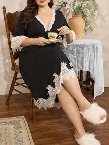 Côtesoire Váy ngủ rộng rãi, thoải mái, cổ chữ V, hai lớp, dáng rộng, cỡ lớn, màu sắc tương phản lãng mạn kiểu Pháp, viền ren xếp nếp phóng đại, ren quyến rũ, chắp vá - màu đen - Xem 1