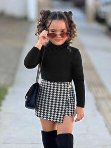 SHEIN 2 pezzi/set, maglietta a collo alto e gonna pantalone a quadri per ragazze giovani, adatto per uso quotidiano, abbigliamento autunnale