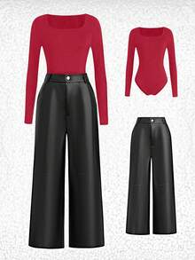 EMERY ROSE Brazilian Leather/Leather Pants Set/Ribbed/Jumpsuit Set - Multicolor - View 1