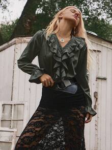 Freevana Women's Elegant Ruffle Collar V-Neck Long Sleeve Blouse, Suitable For Vacation, Autumn/Winter Army Green Tops