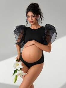 Cheriluna Maternity 孕妇摄影连衣裙，荷叶边袖，双层欧根纱，圆领，修身前襟带腹部镂空设计 - 黑色 - 查看 5