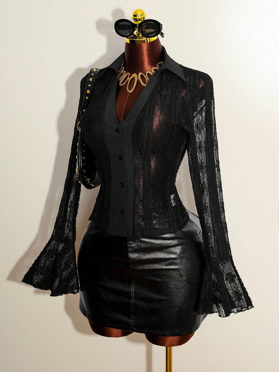 Jeanoix Lace Patchwork Semi-Sheer Long Sleeve Shirt - Black - View 1