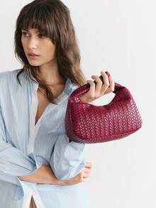 SHECARRY 女士手提包，PU皮革材质，商务/通勤/工作/办公室休闲风格，复古奢华，低调奢华，时尚针织手提包，编织手提包，适合教师、护士等场合。 - 編織紋灑紅 - 查看 7