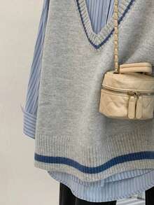 INAWLY 女士V领时尚百搭针织背心，秋冬季 - 灰色 - 查看 3