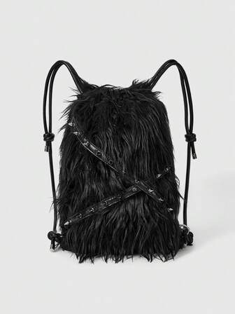 Grunge Punk Damen/Frauen Rucksack, Plüsch, Plüsch Tasche, Punk Nieten Biker Taschen, Anhänger Accessoire, Kaninchen Schlüsselanhänger, modisch, personalisiert, vielseitig, Einkaufen, Straße, süß und cool Mädchen, heiße Mädchen, Y2K, Alltag, Herbst und Winter (zufälliges Muster)