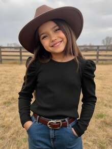 Emery Rose Kids Emery Rose Kids 少女修身复古羊腿袖高领T恤，运动风，适合秋冬季休闲日常穿着及上学，酷炫街头风，日常穿着，上学穿着，Y2K女孩风格，休闲可爱，姐妹装，母女装，黑色长袖T恤 - 黑色 - 查看 1