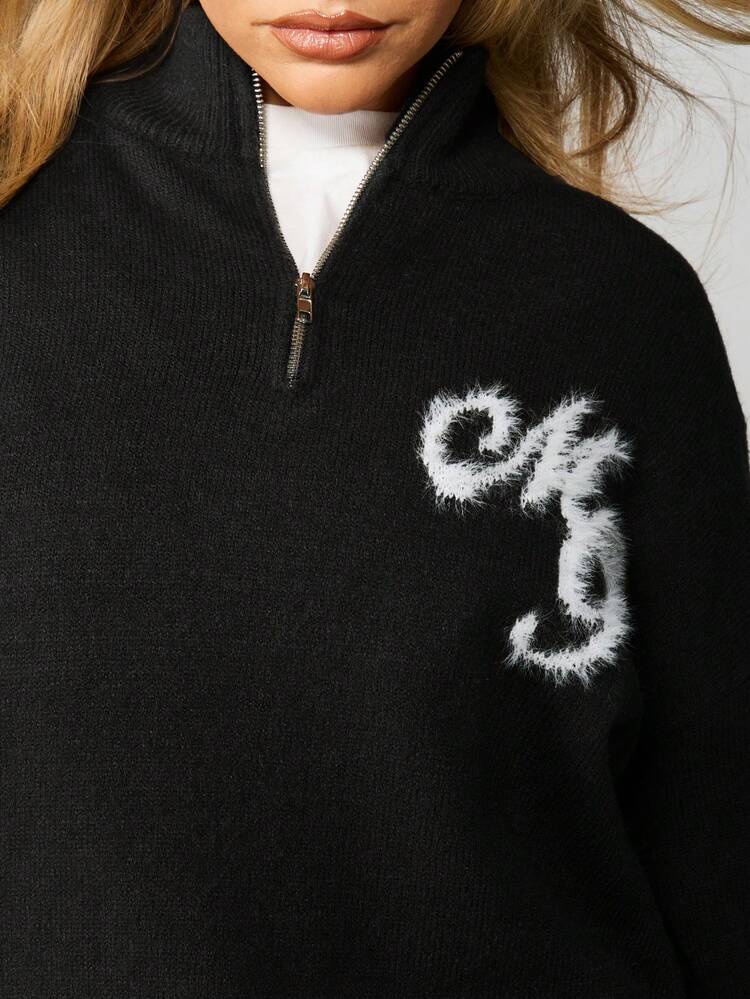 MISSGUIDED Oversized Quarter Zip Pullover Jumper With Logo Detail Ribbed Collar Long Sleeve Knit Sweater Fall Winter