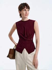 SHEIN Stylify 女士圆领无袖背心，法式复古简约交叉腰带针织上衣，适合秋冬春季叠穿，夏季单穿，休闲通勤及休闲穿着。 - 紅色 - 查看 7