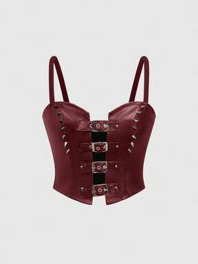 Grunge Punk Studded Belt Buckle Motorcycle Crop Top For Women, XS-L