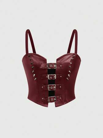 Grunge Punk Top corto con hebilla de cinturón con tachuelas para motocicleta para mujeres, XS-L