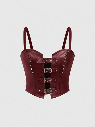 Grunge Punk Crop top da donna con borchie e fibbia da motociclista, taglia XS-L