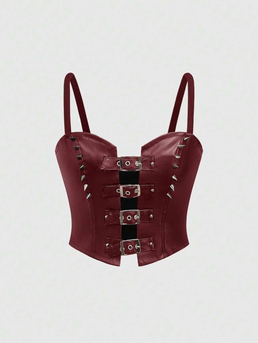 ROMWE Grunge Punk 女士铆钉皮带扣摩托车短款上衣，XS-L码 - 酒紅色 - 查看 1