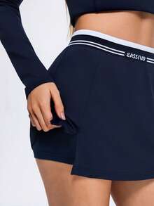 Eassivo Eassivo Women's Navy Blue Athletic Skirt,High Waist Contrast Stripe, Side Slit Tennis Skirt, Stretch Sport Skort, Trending Workout Bottoms, Casual Activewear - Royal Blue - View 13