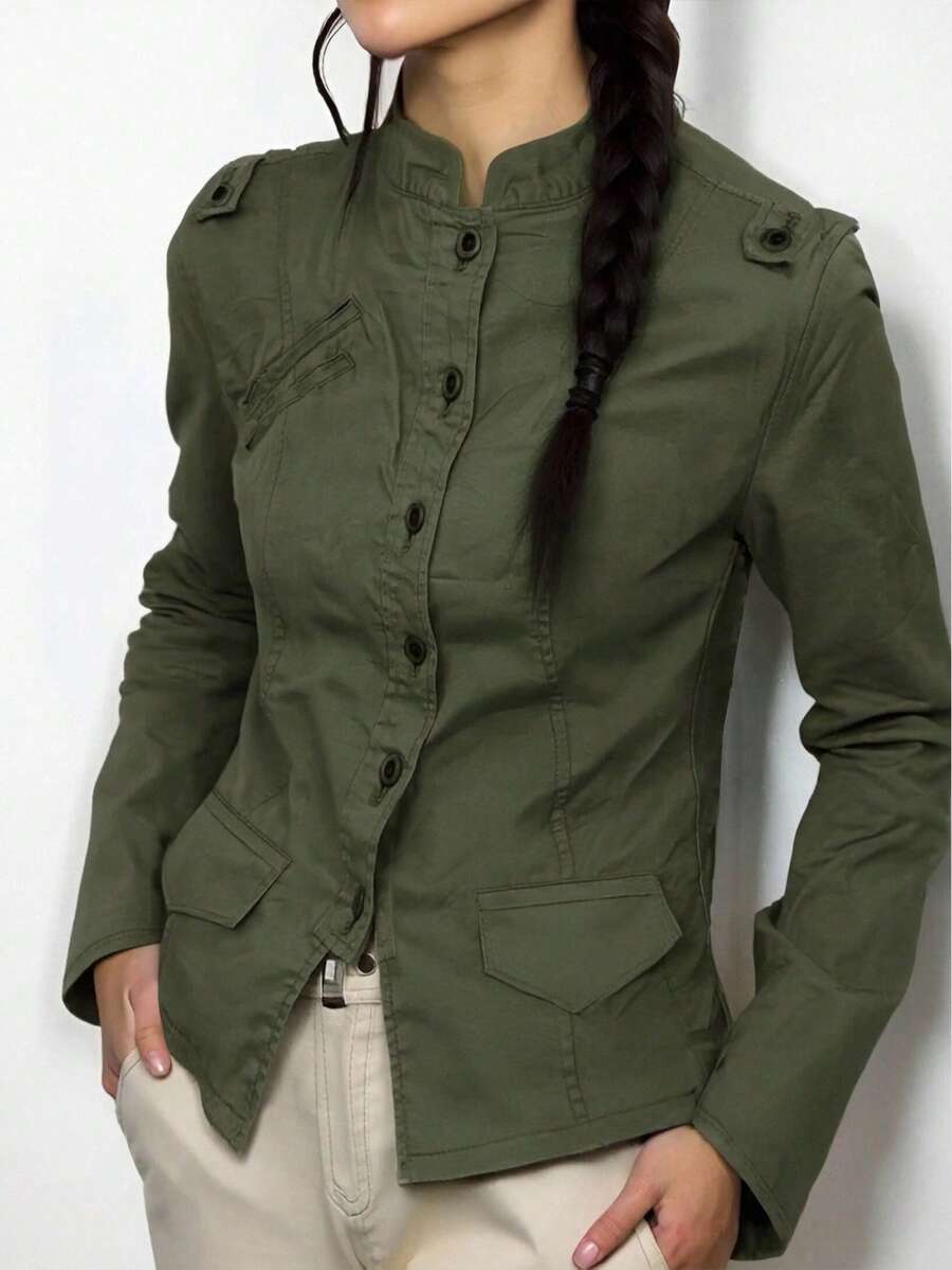 女式长袖绿色休闲户外衬衫,秋季 - 軍綠色 - 查看 1