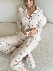 Aloruh Conjunto de pijama con top de manga larga con cuello de solapa y estampado de lazo, y pantalones, ropa de otoño e invierno - Burdeos - Ver 2