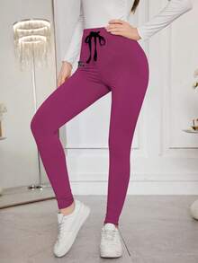 Modelyn Quần legging bó in chữ, dây rút eo, thoải mái và co giãn, dùng khi đi làm, thể thao thường ngày cho nữ - Màu Hồng Tươi - Xem 6