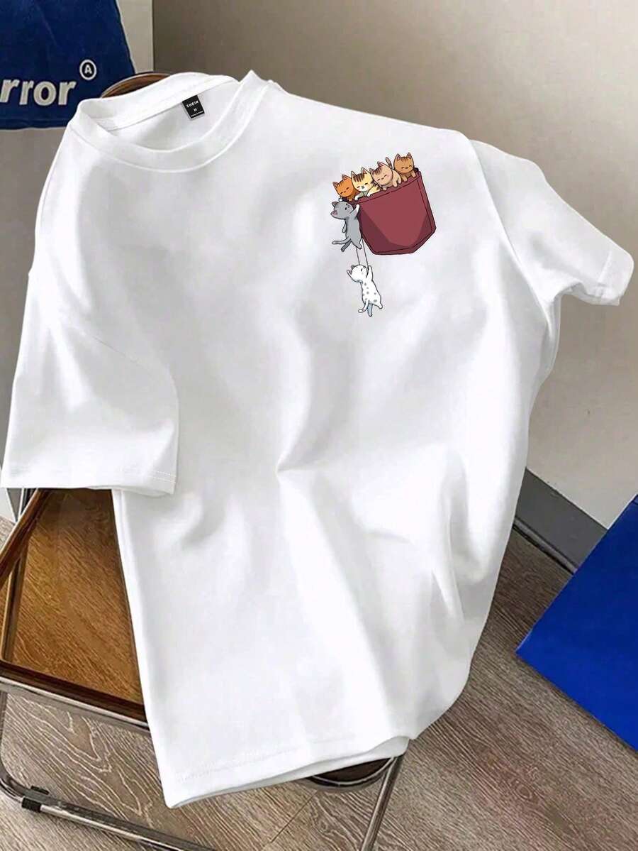 Manfinity Joysei 男士可爱猫咪假口袋印花T恤 - 白色 - 查看 1