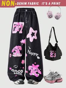 SHEIN Sparklyn Quần ống rộng dáng casual dành cho bé gái tuổi teen, có cạp chun điều chỉnh được, in họa tiết, chất liệu vải dệt, kiểu dáng thoải mái và các họa tiết, chữ viết theo phong cách graffiti. Phù hợp cho thời trang đường phố và mặc hàng ngày, thích hợp cho mọi mùa, đặc biệt là mùa xuân và mùa thu. - Nhiều màu - Xem 3