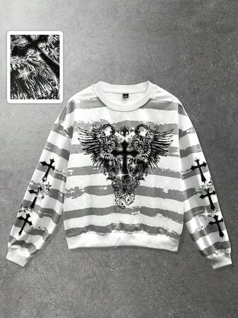 Sweat-shirt décontracté à col ras du cou, épaules tombantes, manches longues, rayures et graphique croisé pour hommes