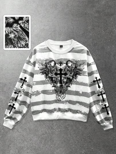 Sweat-shirt décontracté à col ras du cou, épaules tombantes, manches longues, rayures et graphique croisé pour hommes