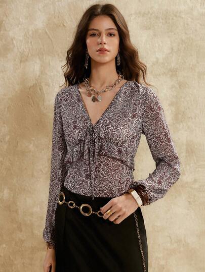 Florisole 女士优雅系带佩斯利花卉衬衫