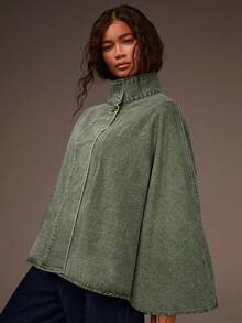 Athîral 女士单排扣宽松休闲牛仔斗篷外套 - 綠色 - 查看 3