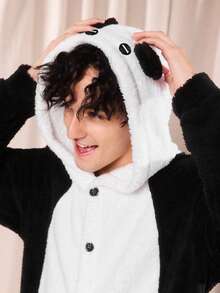 Men Playful Cartoon Animal Panda Plush Cosplay Reversible Fleece Jumpsuit, Comfortable Homewear, Suitable For Family Party, Fluffy, Winter, Cozy - Black and White - View 7