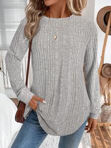 EMERY ROSE Áo nỉ nữ tay dài cổ tròn màu trơn, kiểu dáng thường ngày. - Màu Xám nhạt - Xem 4