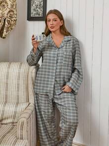 Doze Lane Plus Size Women Bubble Textured Shirt Style Cardigan Pajama Set - Multicolor - View 3