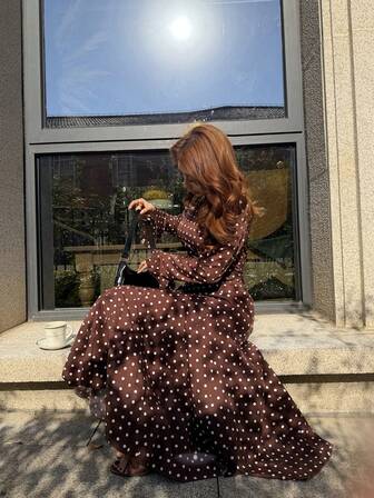 Pariaura 优雅波点荷叶边连衣裙，咖啡棕色，长袖，收腰设计，秋冬款