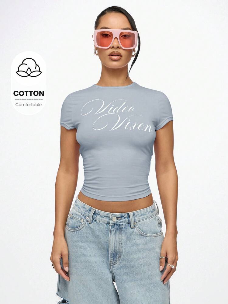 SUMWON WOMEN Y2K Aesthetic Fitted Short Sleeve Crop Top Tee