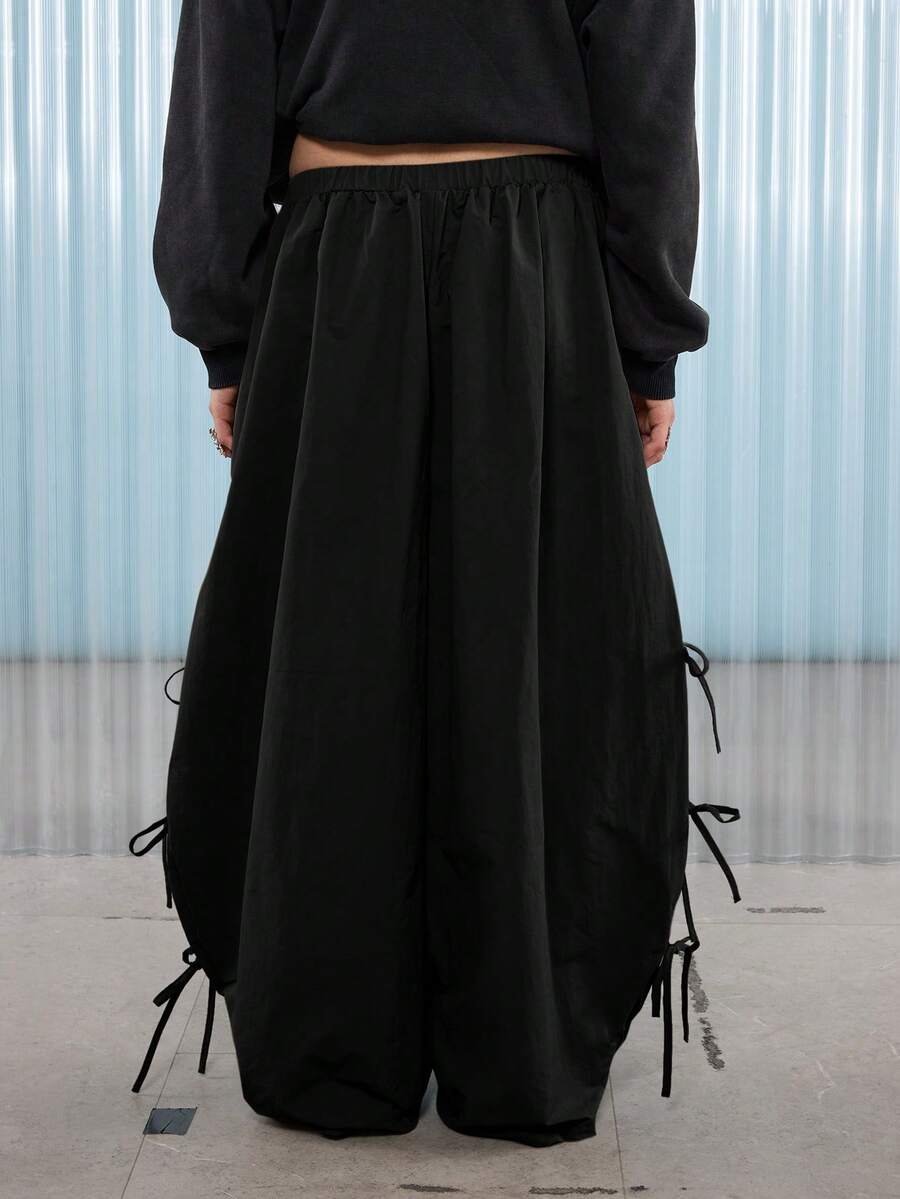 COUREZ Low Rise Baggy Balloon Trousers With Ties Details /Y2K Going Out Outfits Fall Women Clothes Fall Clothes Winter Clothes Wide Leg Pants - Black - View 1