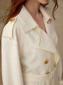 MOTF PREMIUM 女士长款插肩袖双排扣风衣，秋冬季 - 米色 - 查看 3