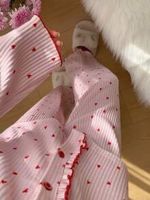 少女心形印花长袖开衫和裤子睡衣套装 - 彩色 - 查看 8