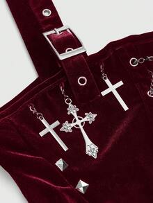 ROMWE Hardcore Gothic Style Cross Metal Frame Rivet Chain Women Velvet Camisole - Burgundy - View 3