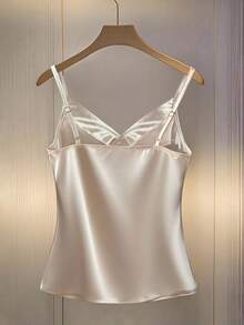 Franclia Sexy Spaghetti Strap Ruffle Trim Metal Buckle Decor Fitted Camisole Satin Top Silk Top Elegant Camisole Champagne Cami Formal Top Champagne Top Satin Blouse Elegant Top - Apricot - View 2