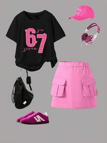 SHEIN Explorewe 两件套休闲时尚春夏女童短袖连衣裙套装，酷炫数字67和豹纹图案，短袖圆领T恤搭配工装裙，舒适的短袖圆领T恤打底裤，适合春夏穿着，时尚休闲，街头风，户外野餐，校园，节日，礼物 - 黑色 - 查看 4