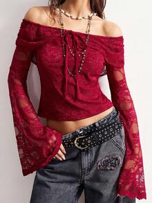 Bohemela 波西米亚风优雅休闲纯色针织蕾丝露肩喇叭长袖短款女式上衣 - 酒紅色 - 查看 6