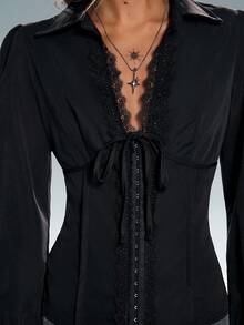 TRNVIE Women's V-Neck Black Lace Collar Long Sleeve Gathered Chest Bow Tie Waist Fitted Bubble Sleeve Blouse, Casual Commuter Office Bohemian Street Party, Spring & All Season - Black - View 1