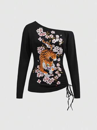J-Fashion Top de t-shirt à manches longues et épaules dénudées avec imprimé tigre vintage à la mode pour femmes