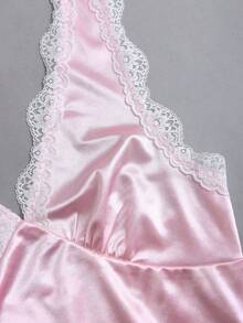 Sweetra Women's Spring Lace Trim V-Neck Fitted A-Line Sexy Pink Dress - Pink - View 5